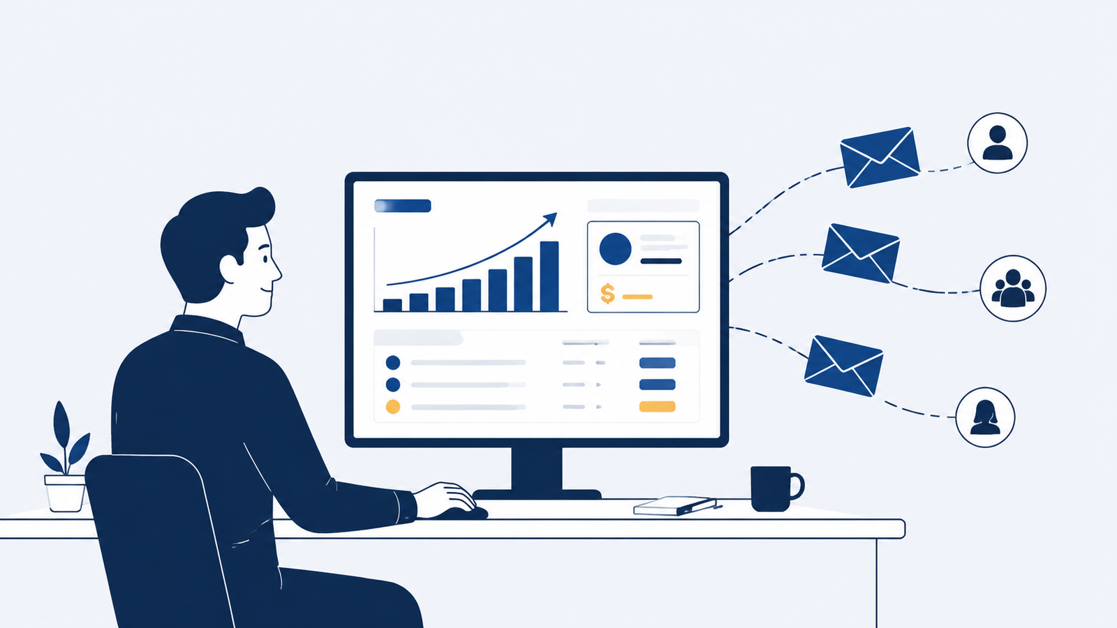 Illustration of a marketer reviewing an email campaign dashboard with sending flows and revenue figures